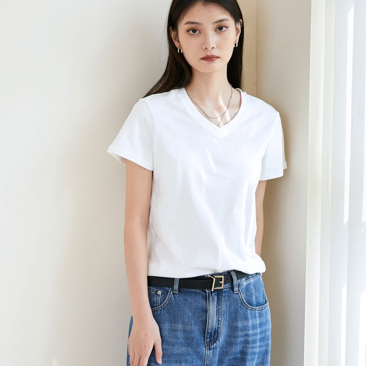 女士V领磨毛短袖T恤